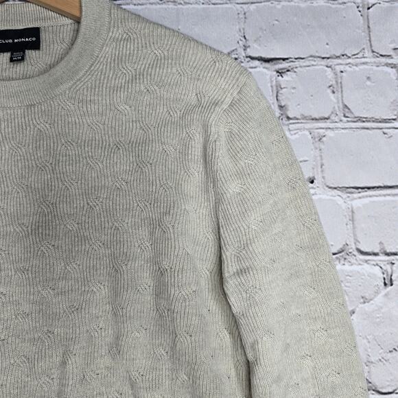 Club Monaco 100% Wool Cream Beige Khaki Crew Neck Cable Knit Sweater Size Medium - Picture 5 of 13